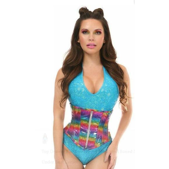 🦋B2G1🦋DAISY CORSETS Top Drawer Rainbow Glitter Holo Boned Mid Under Bust Corset - Picture 1 of 6